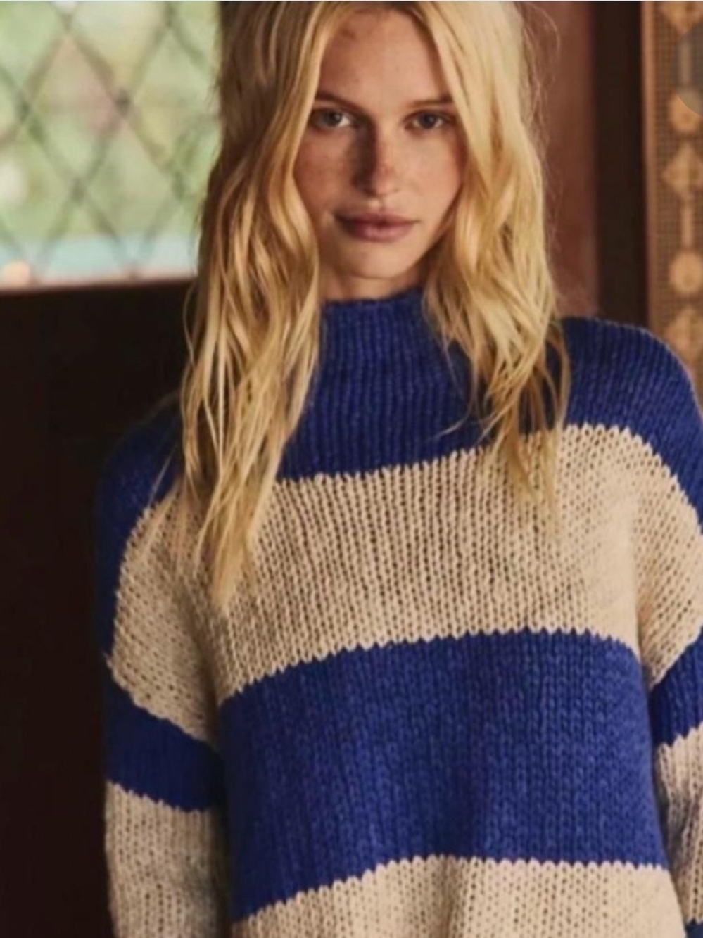 Free People Blue and Cream Striped Knit Roll Neck Sweater XS NWOT